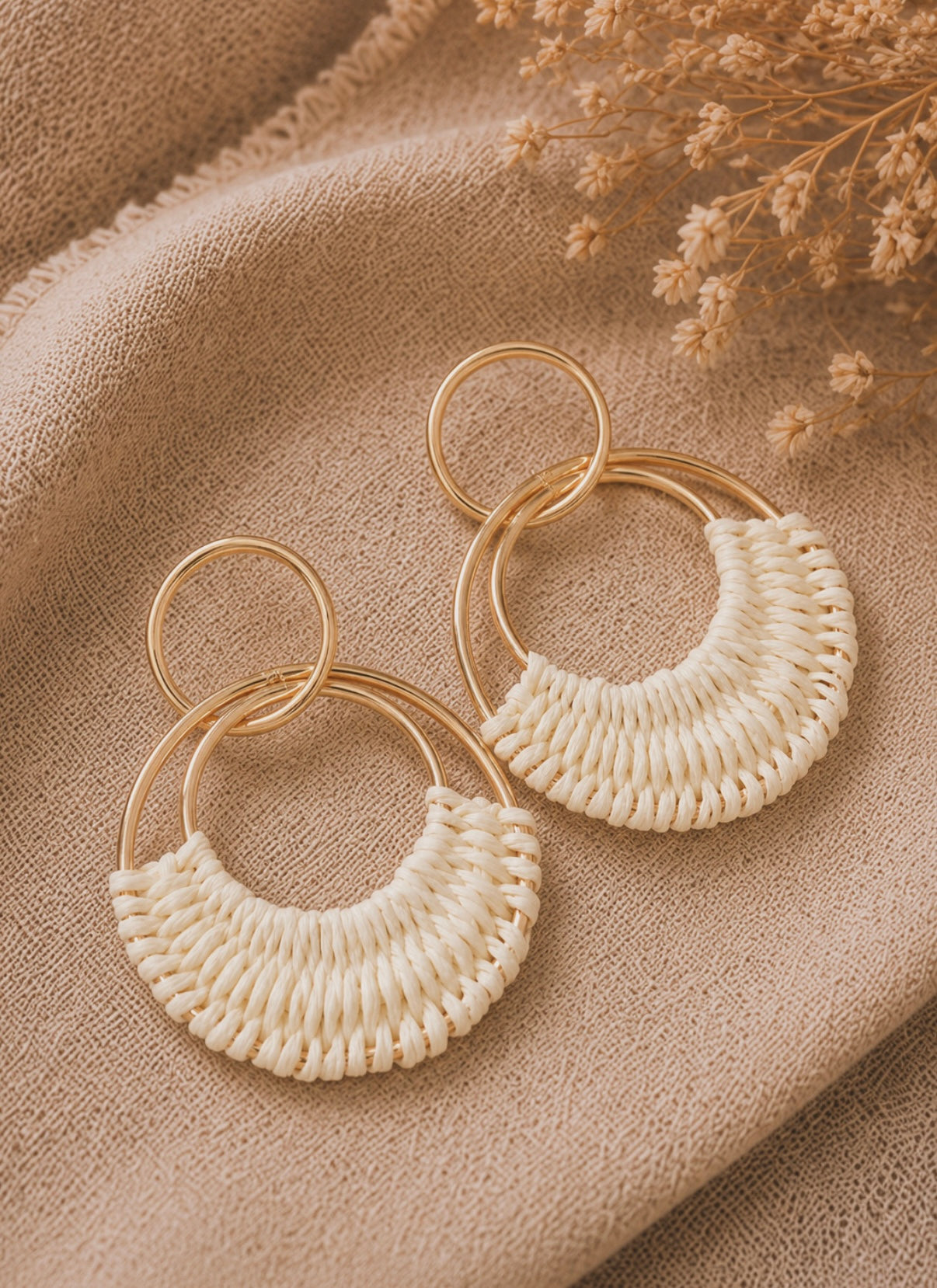 Ivory Woven Hoop Drop Earrings