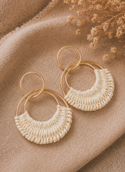 Ivory Woven Hoop Drop Earrings