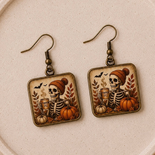 Pumpkin Spice Skeleton Square Earrings