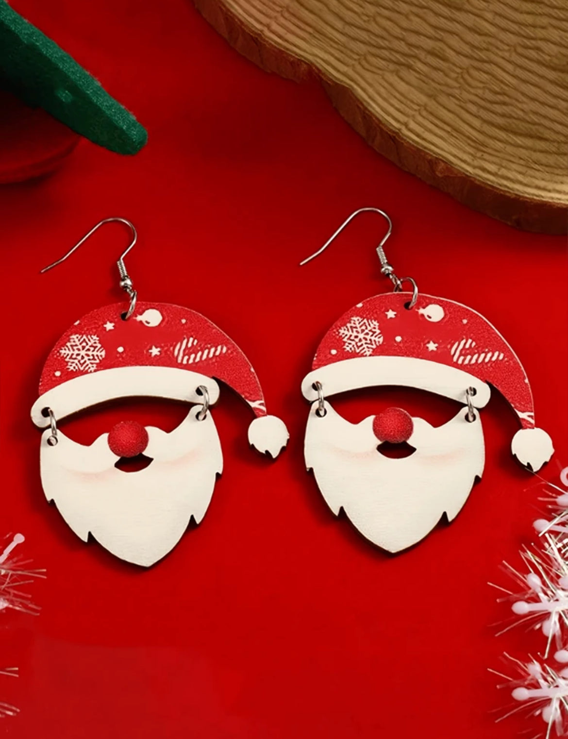Adorable Wooden Santa Earrings