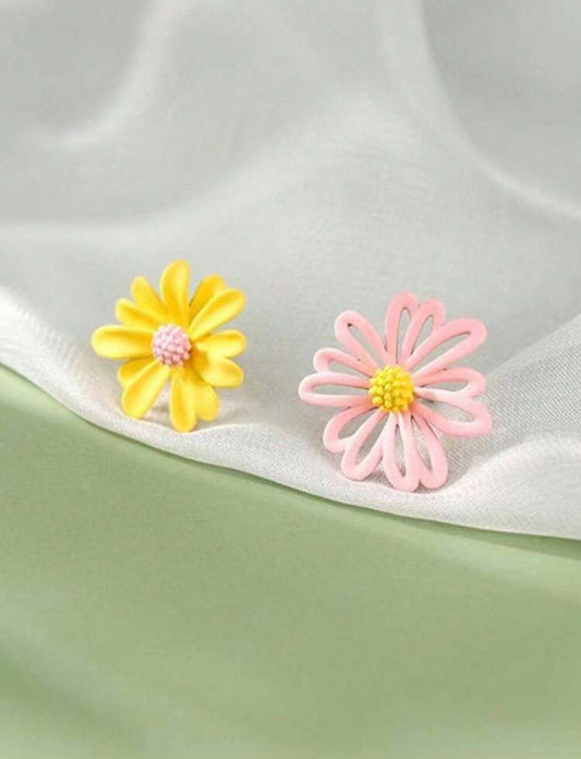 Beautiful Mismatched Pink and Yellow Flower Earrings