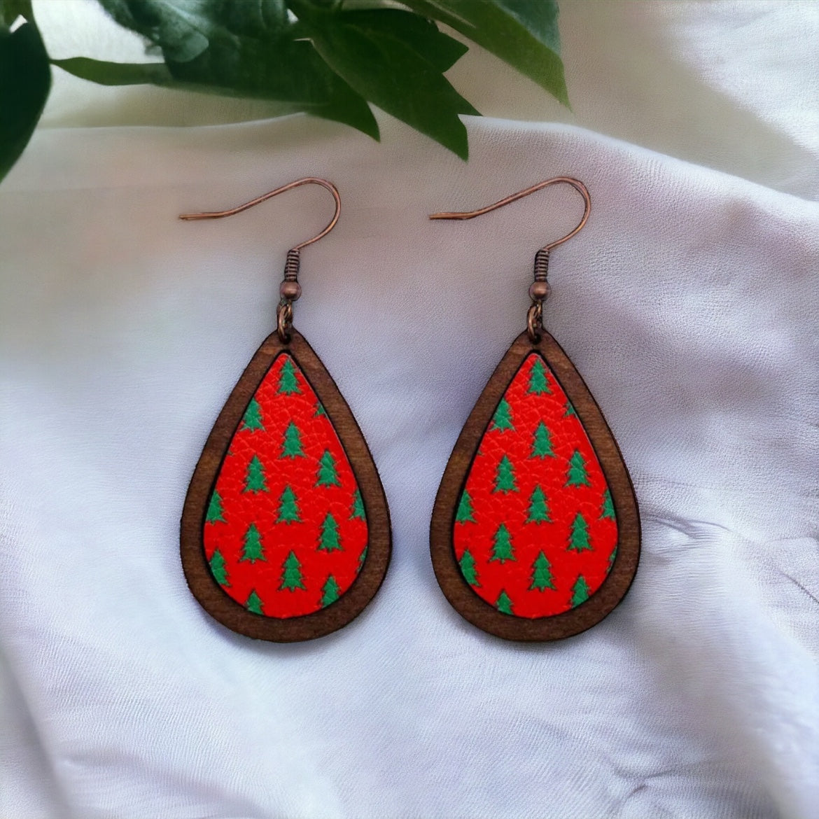 Wood and Leather Christmas Tree Drop Earrings