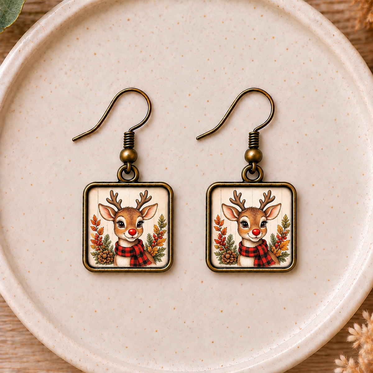 Cozy Christmas Reindeer Square Earrings
