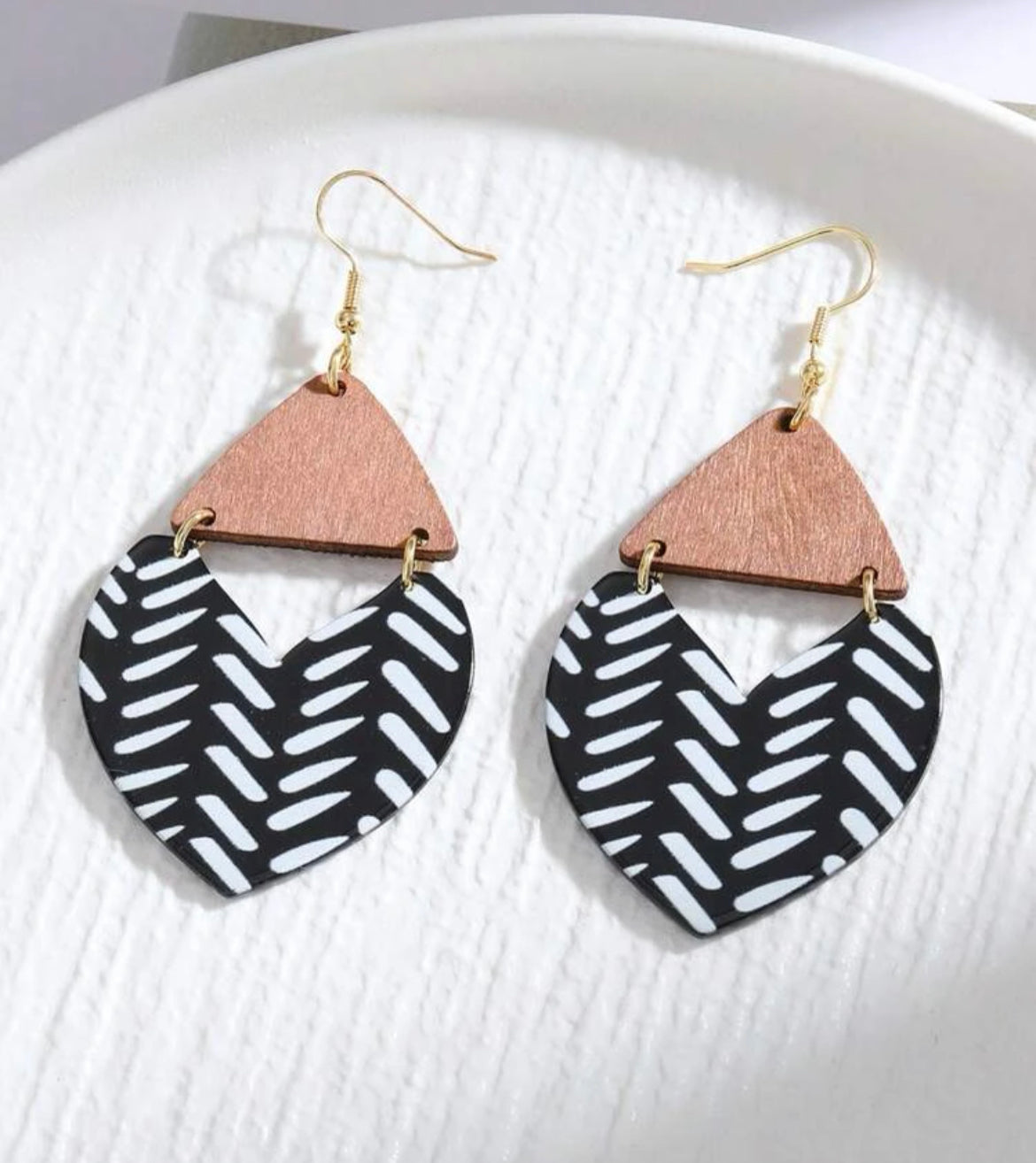 Black and White Wooden Triangle Earrings