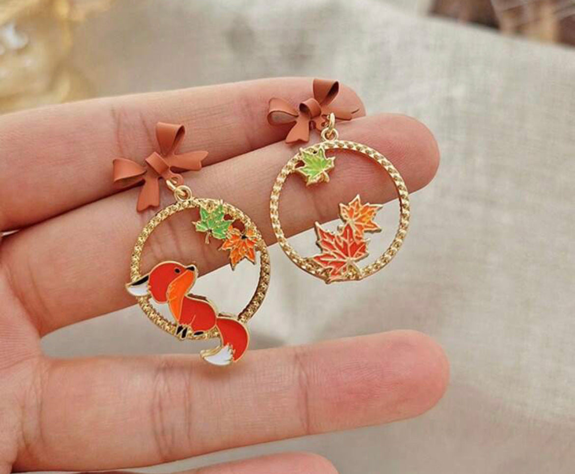 Autumn Maple Leaf and Fox Earrings