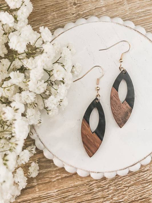 Oval Wood and Charcoal Drop Earrings