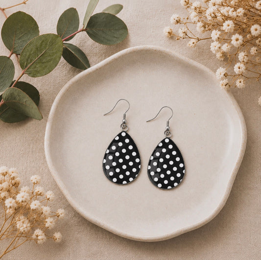 Black and White Polka Dot Teardrop Earrings