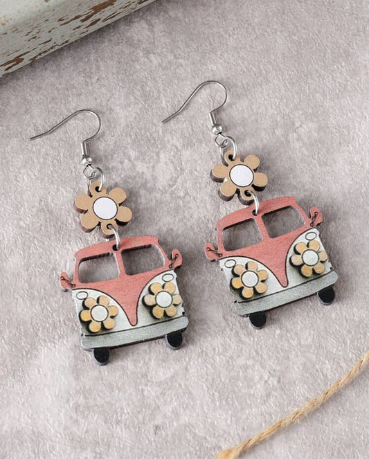 Vintage Pink and Orange Flower School Bus Earrings