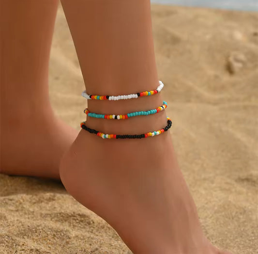 Adjustable 3 Piece Beaded Anklet Set