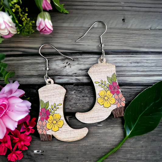 Wooden Floral Cowboy Boot Drop Earrings