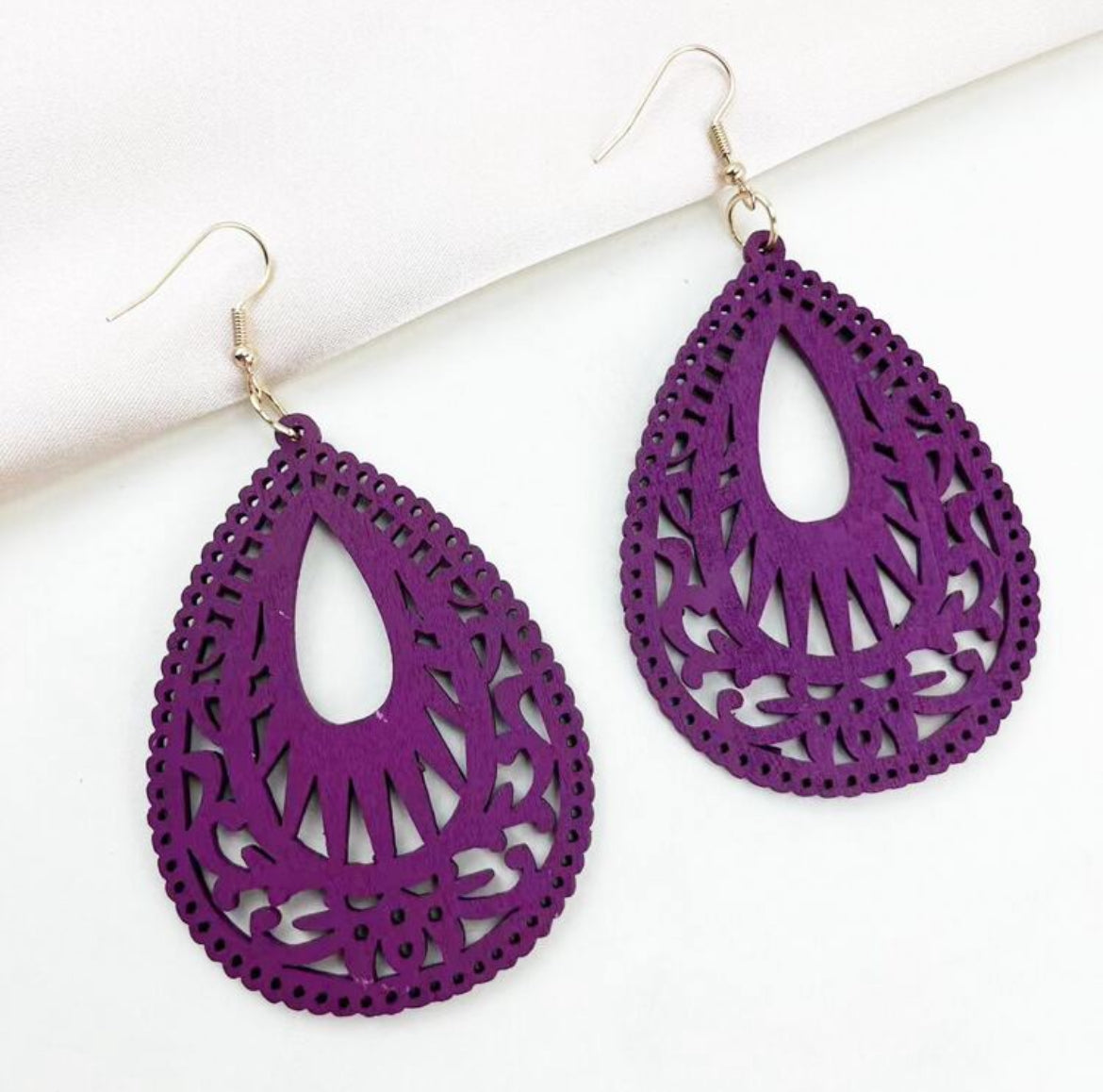 Beautiful Purple Wooden Drop Earrings