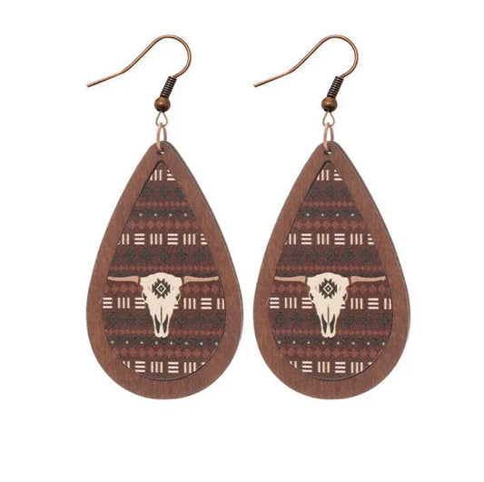 Wood and Leather Aztec Cow Skull Drop Earrings