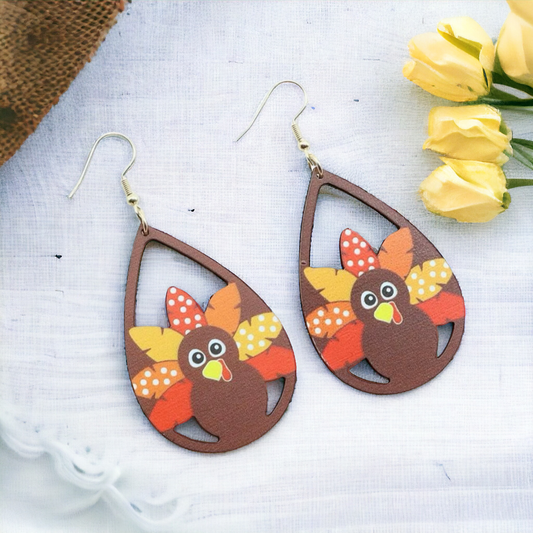 Wooden Turkey Drop Earrings