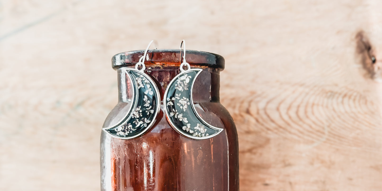 Boho Style Resin and Dried Flower  Moon Earrings