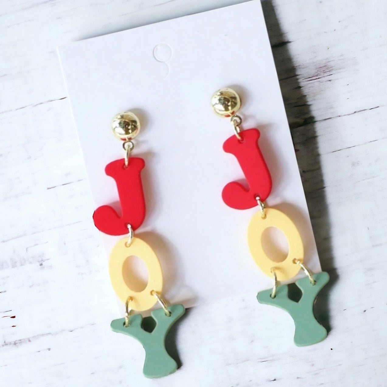Beautiful Acrylic Tri-Color "JOY" Christmas Earrings