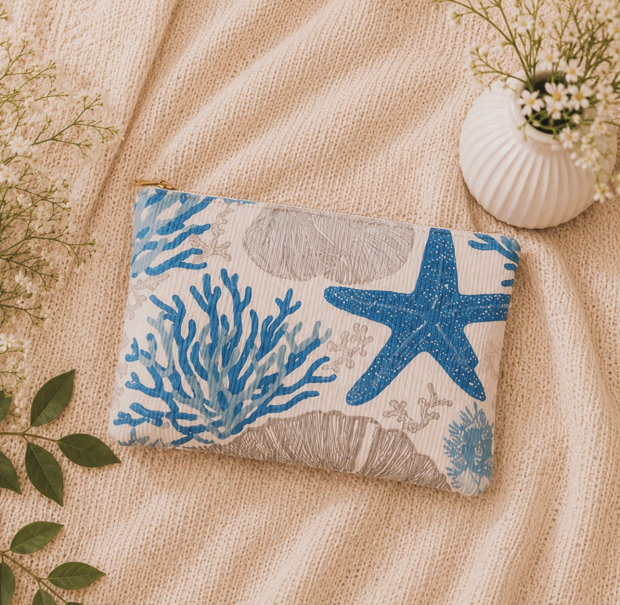 Blue Seashell and Star Fish Toiletry/Cosmetic Bag