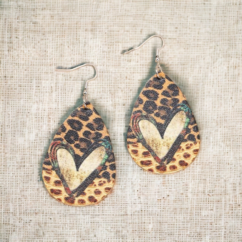 Leather Leopard Print Heart Earrings