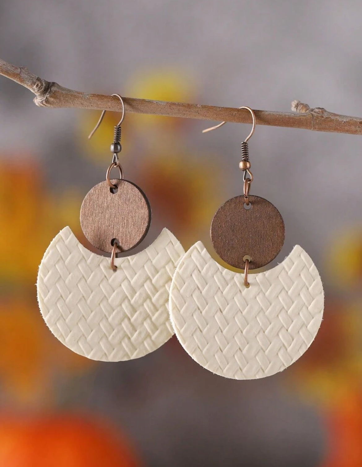 Beautiful Wood and Leather Cream Colored Drop Earrings