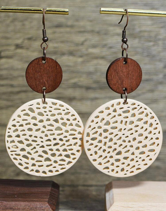 Wooden Cream Colored Round Hollow Earrings