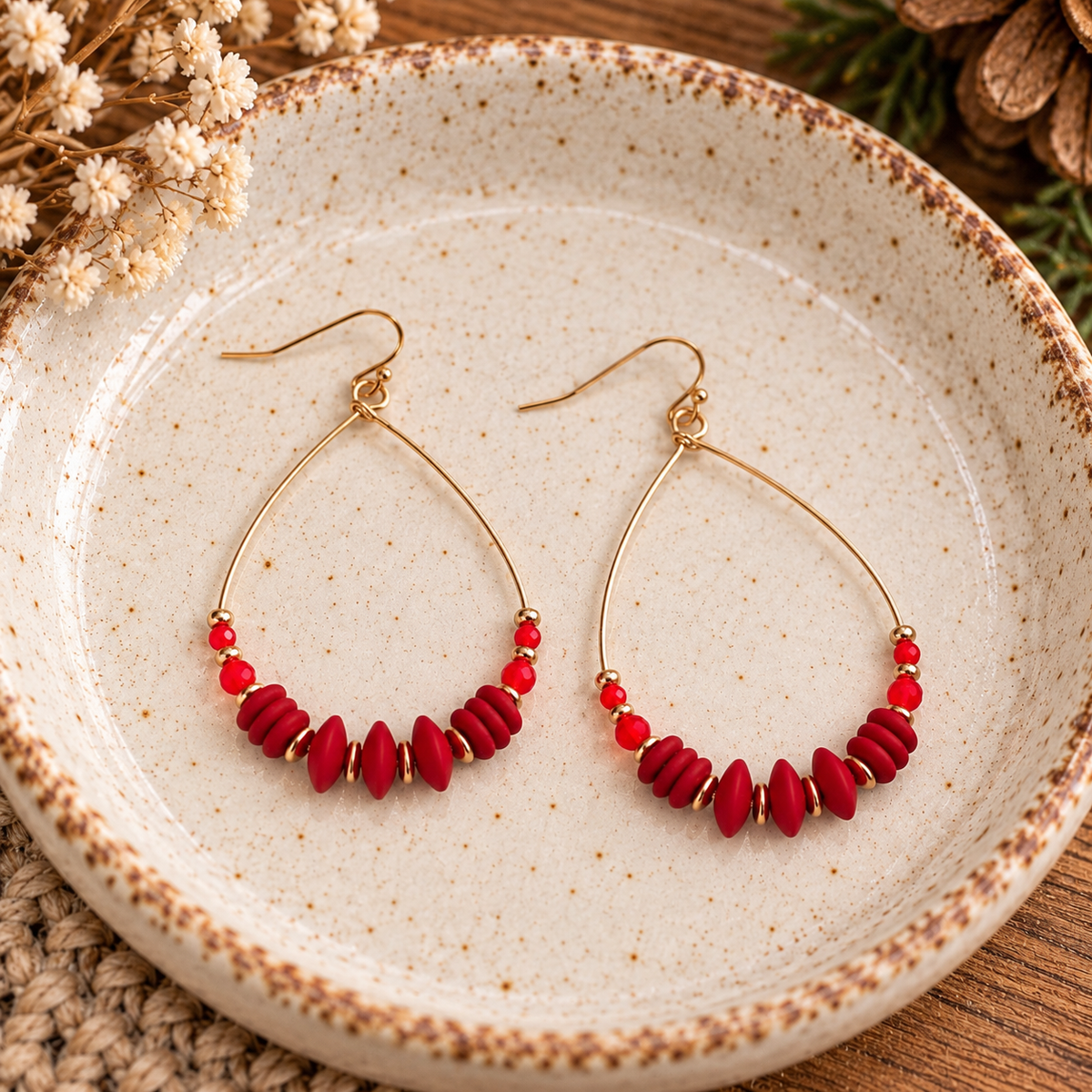 Ruby Red Beaded Teardrop Earrings