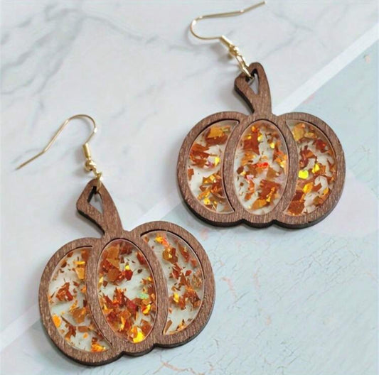Vintage Wooden Pumpkin Drop Earrings