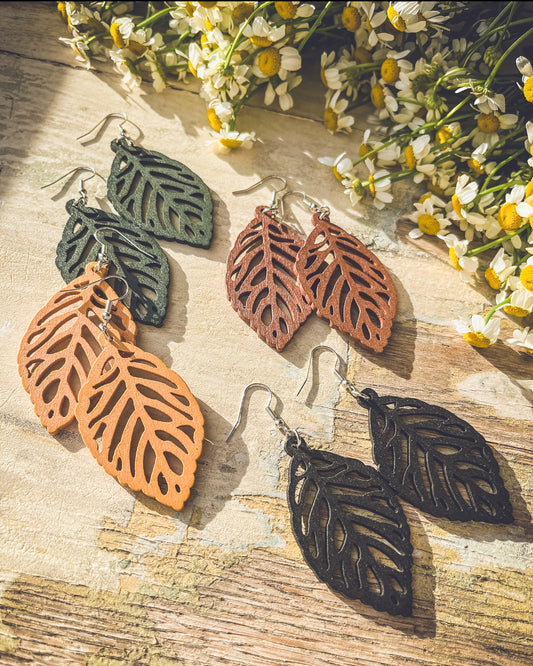 4 Pairs of Hollow Leaf-Shaped Wooden Earrings