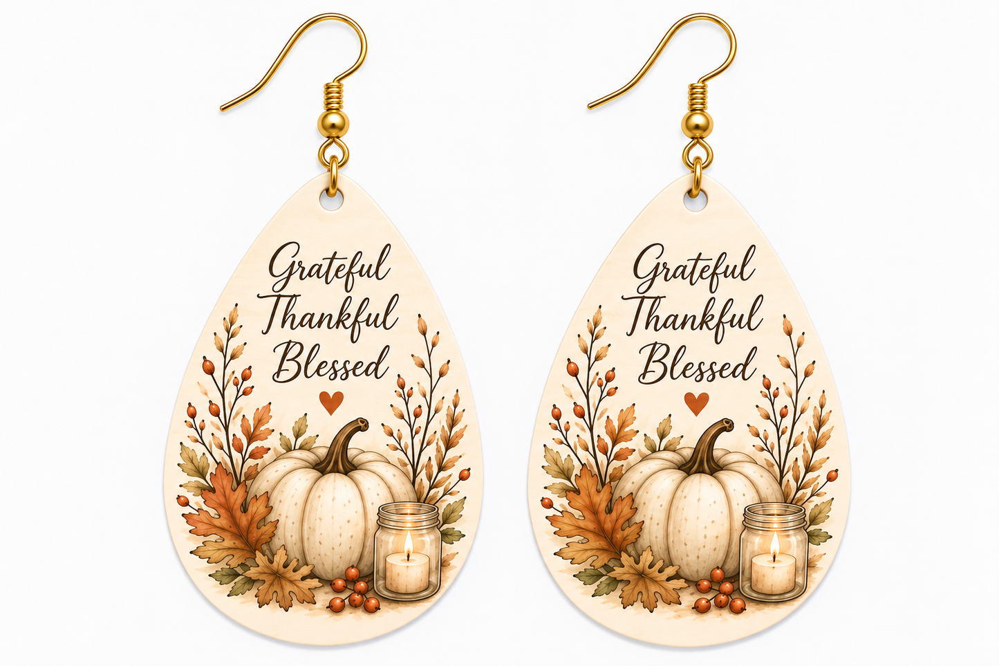 Grateful Thankful Blessed Wooden Teardrop Earrings
