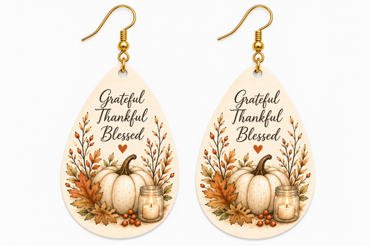 Grateful Thankful Blessed Wooden Teardrop Earrings