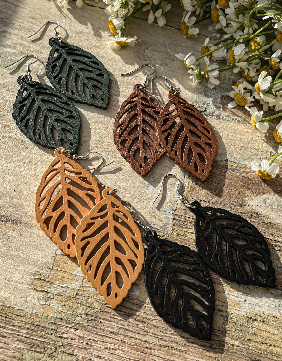 4 Pairs of Hollow Leaf-Shaped Wooden Earrings