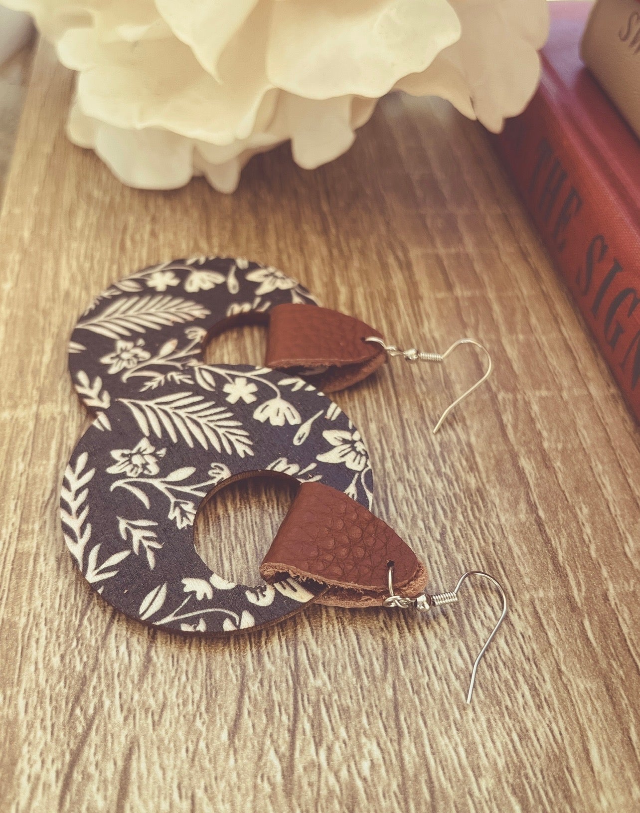 Leather Wrapped Black and White Floral Wooden Drop Earrings
