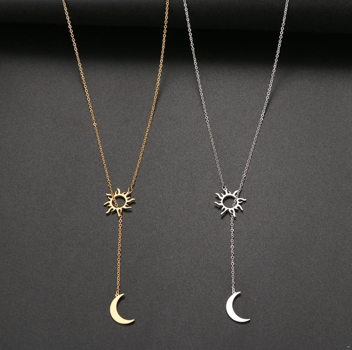 Stainless Steel Silver or Gold Sun and Moon Necklace