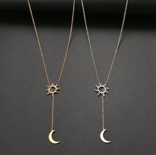 Stainless Steel Silver or Gold Sun and Moon Necklace