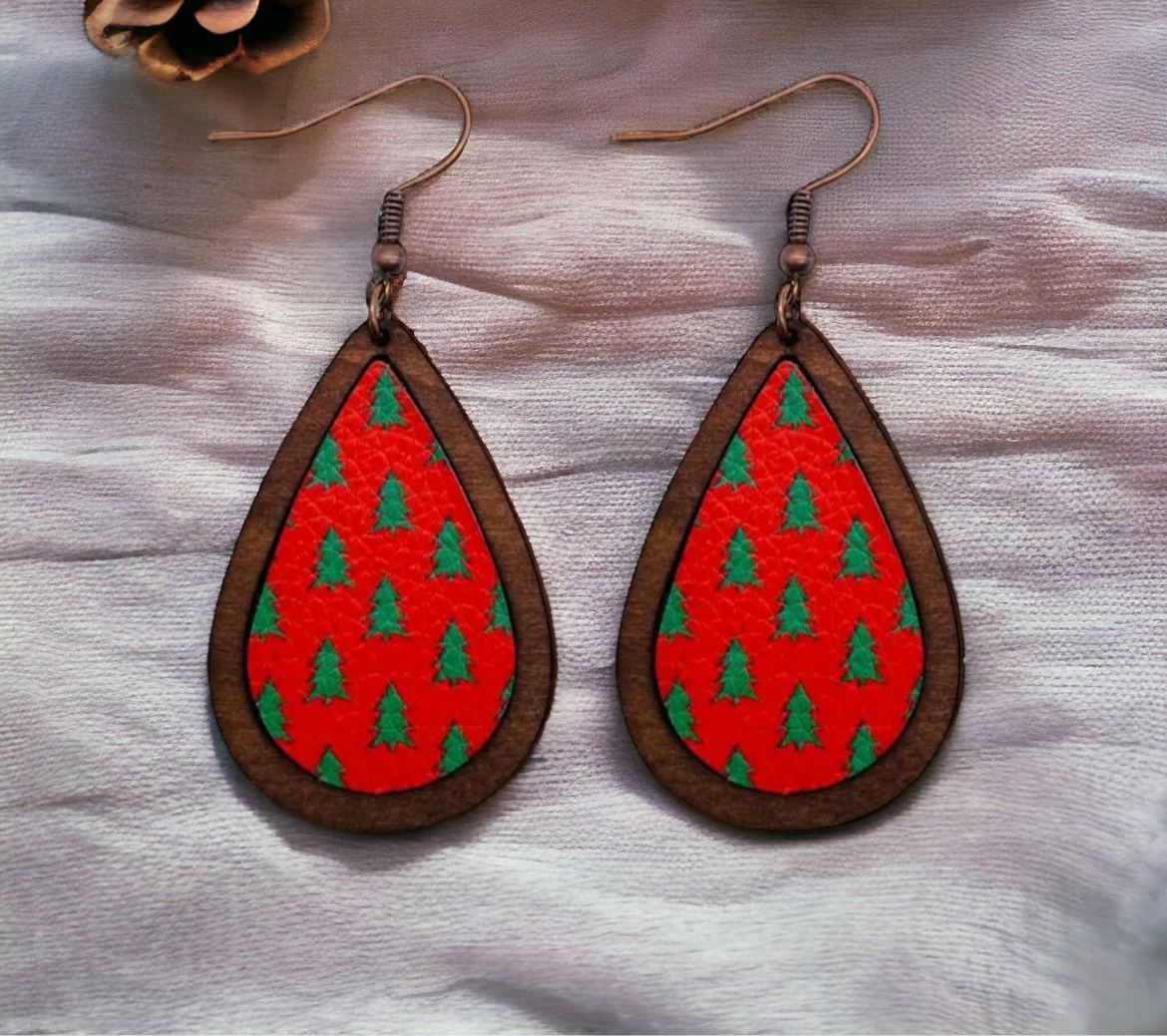 Wood and Leather Christmas Tree Drop Earrings