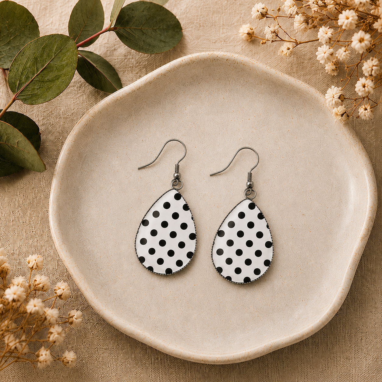Classic White with Black Polka Dot Teardrop Earrings