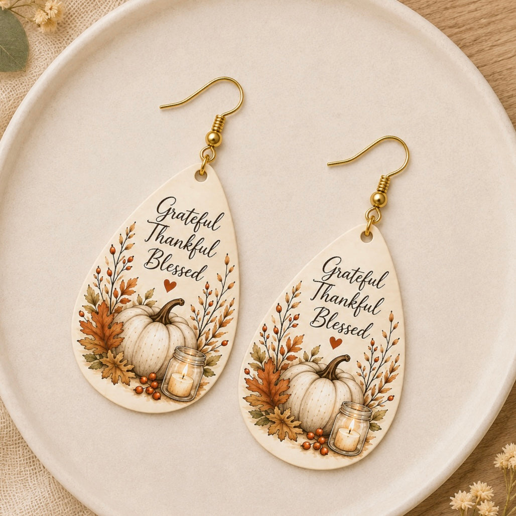 Grateful Thankful Blessed Wooden Teardrop Earrings