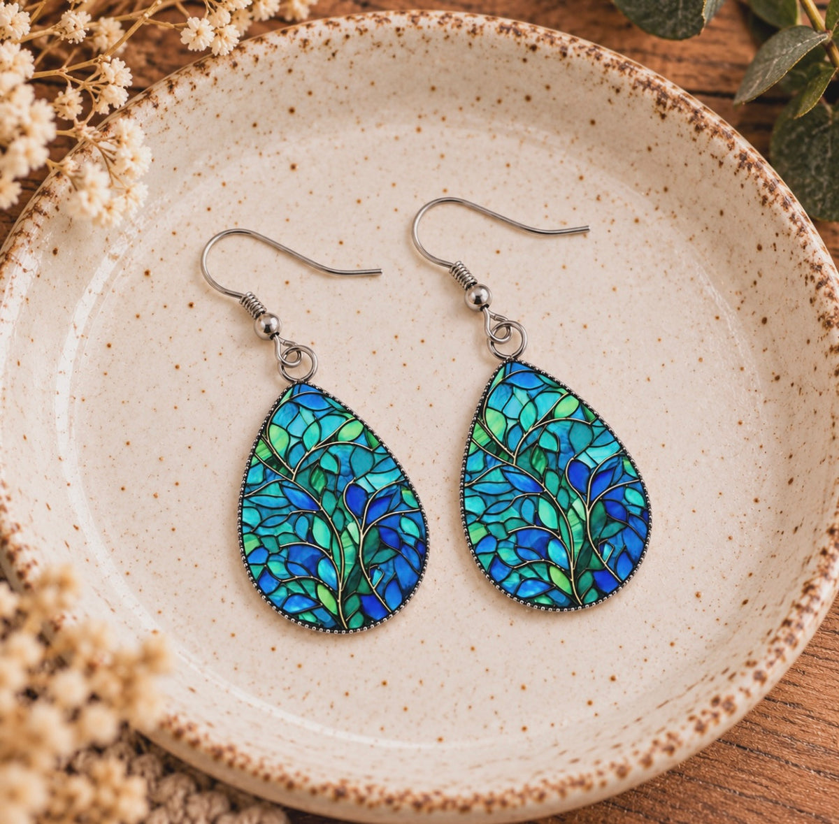Blue & Green Stained Glass Tree Teardrop Earrings