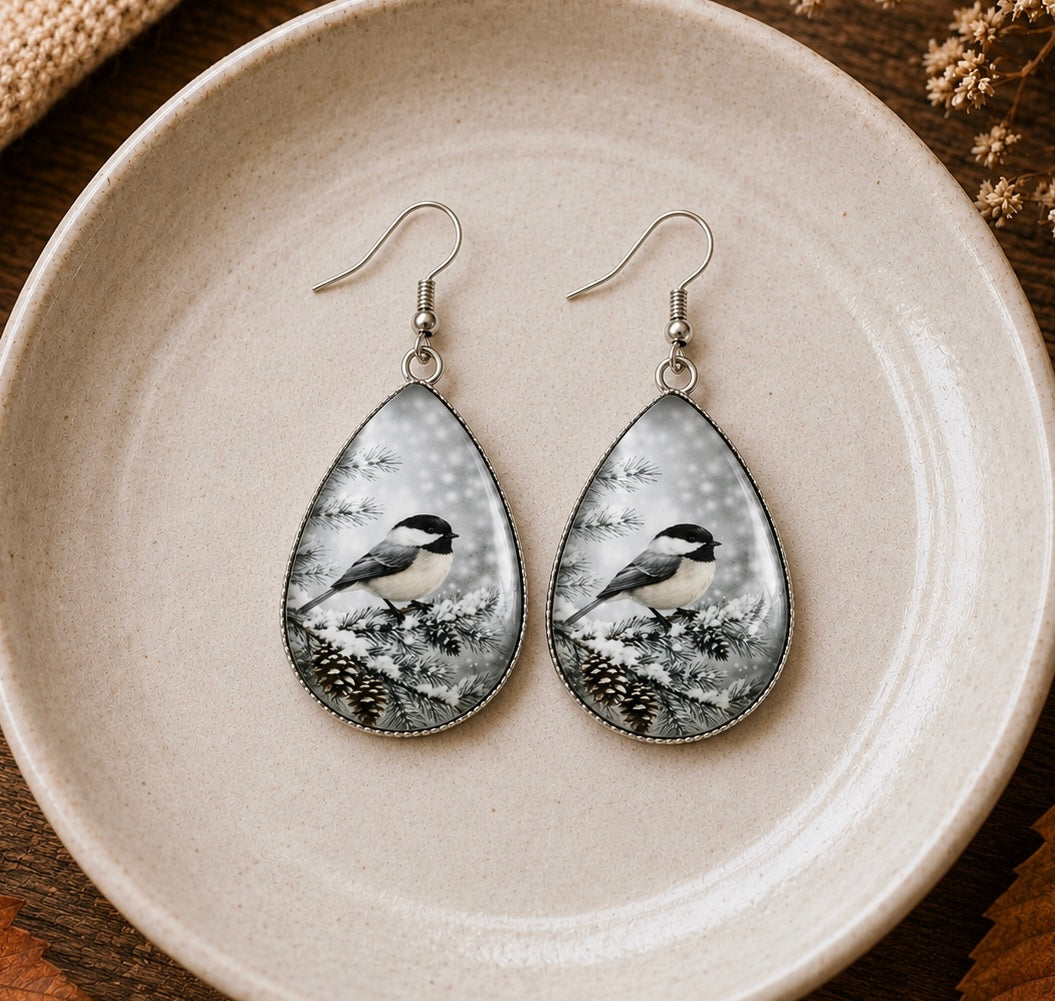 Snowy Chickadee Teardrop Earrings