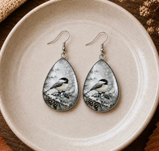Snowy Chickadee Teardrop Earrings