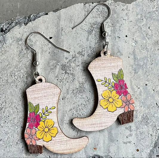 Wooden Floral Cowboy Boot Drop Earrings