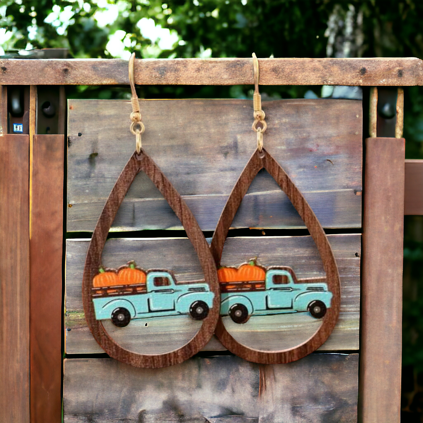 Wooden Vintage Pumpkin Truck Earrings