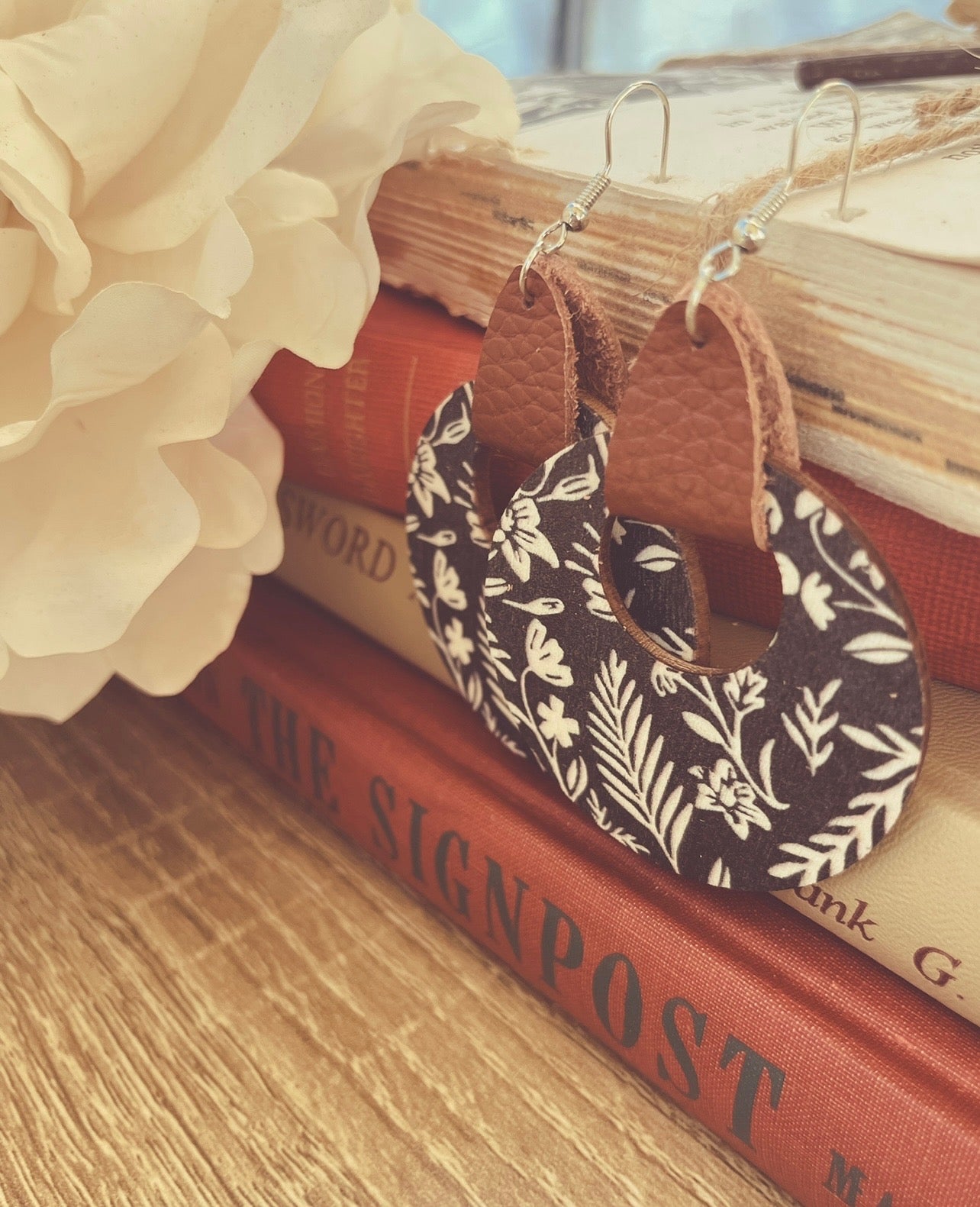 Leather Wrapped Black and White Floral Wooden Drop Earrings