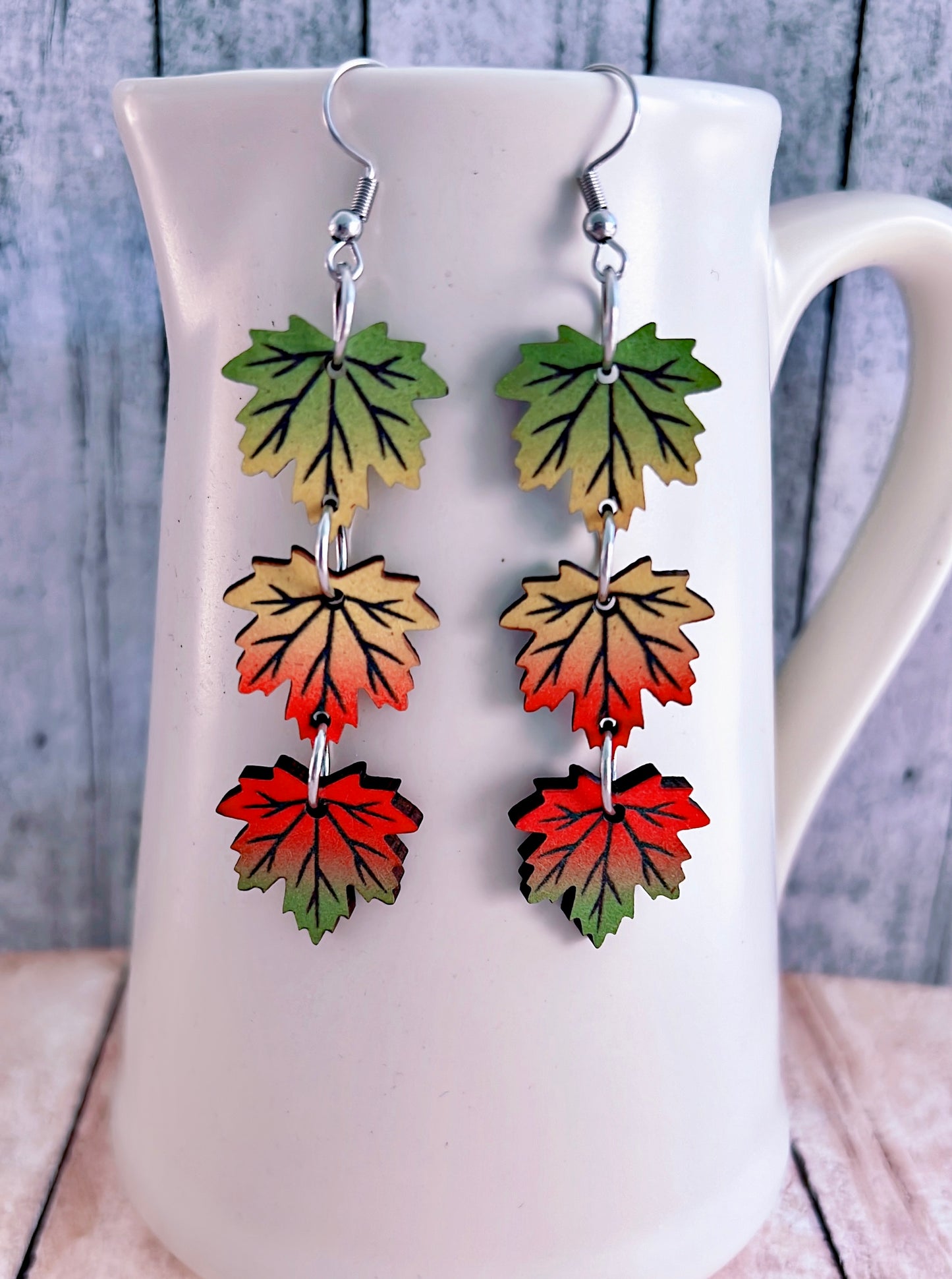 Beautiful Red, Yellow, and Green Wooden Maple Leaf Earrings