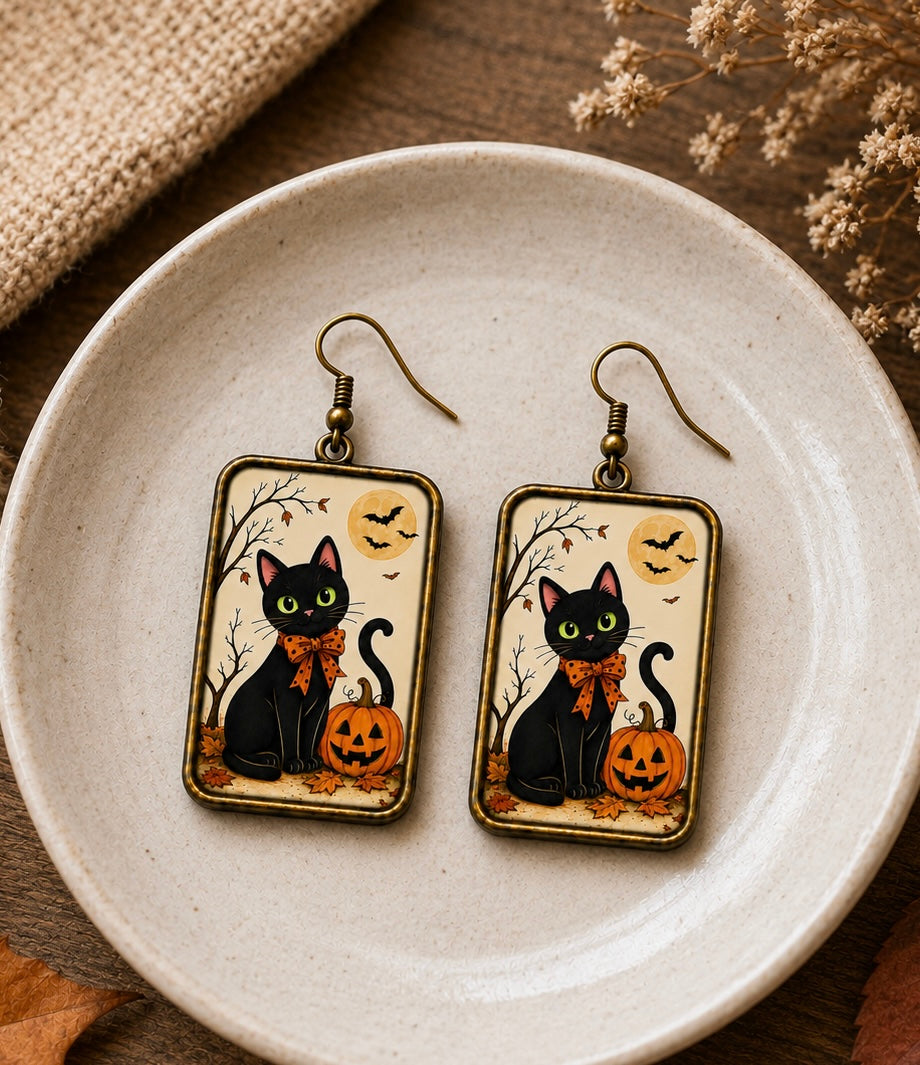 Halloween Black Cat & Pumpkin Earrings