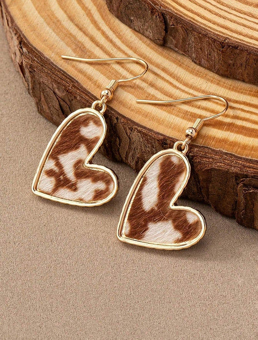Heart Shaped Brown and White Cow Print Earrings