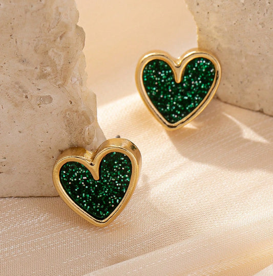 Beautiful Green Glitter Heart Earrings