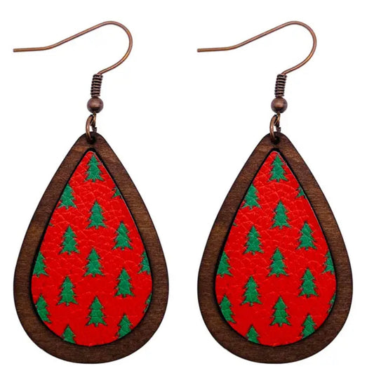 Wood and Leather Christmas Tree Drop Earrings