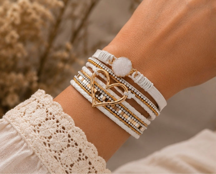 White & Gold Heart Layered Magnetic Bracelet