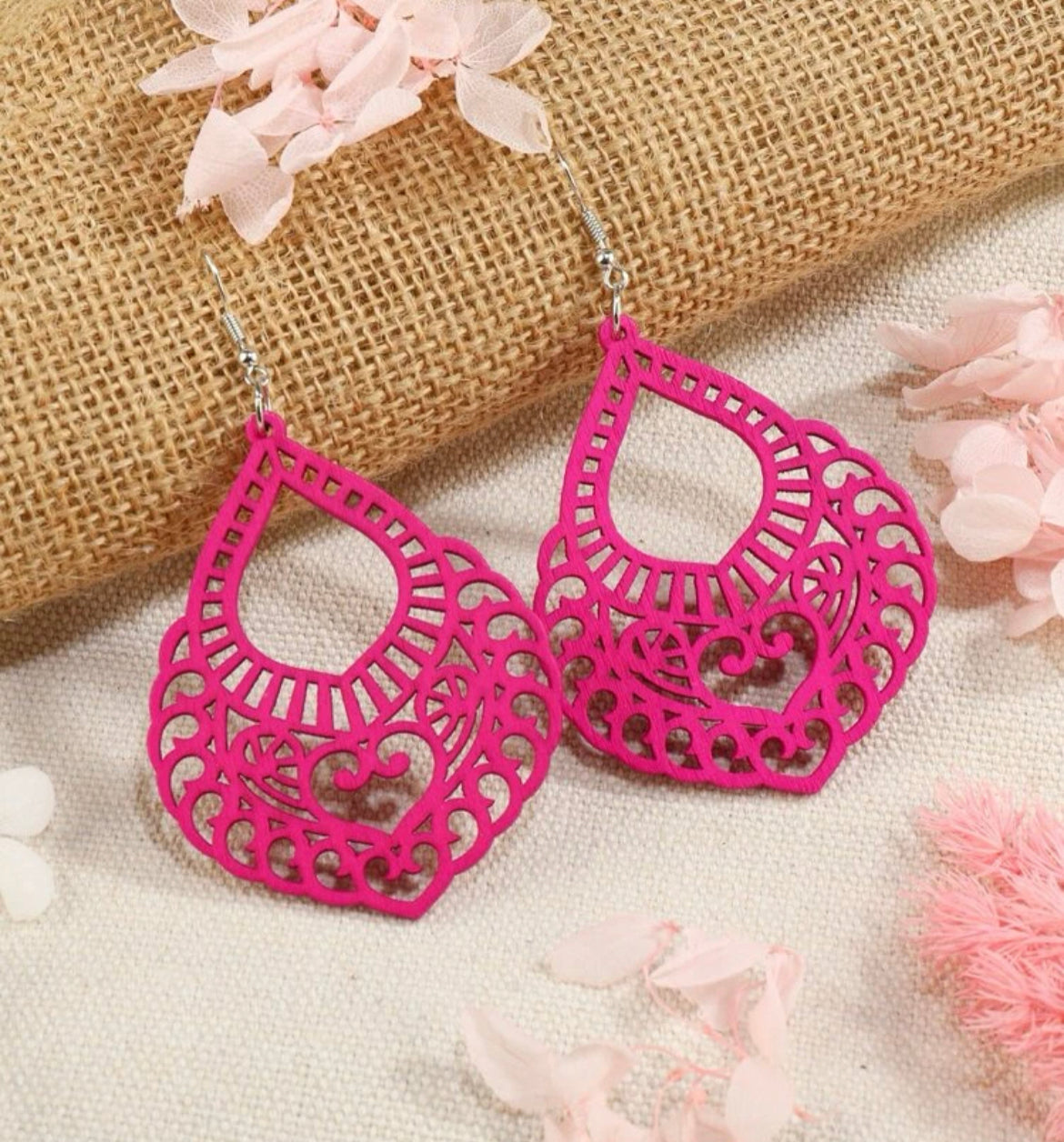 Hot Pink Hollow Out Wooden Earrings