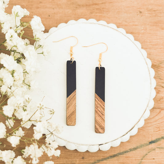 Beautiful Black Resin and Wooden Bar Earrings
