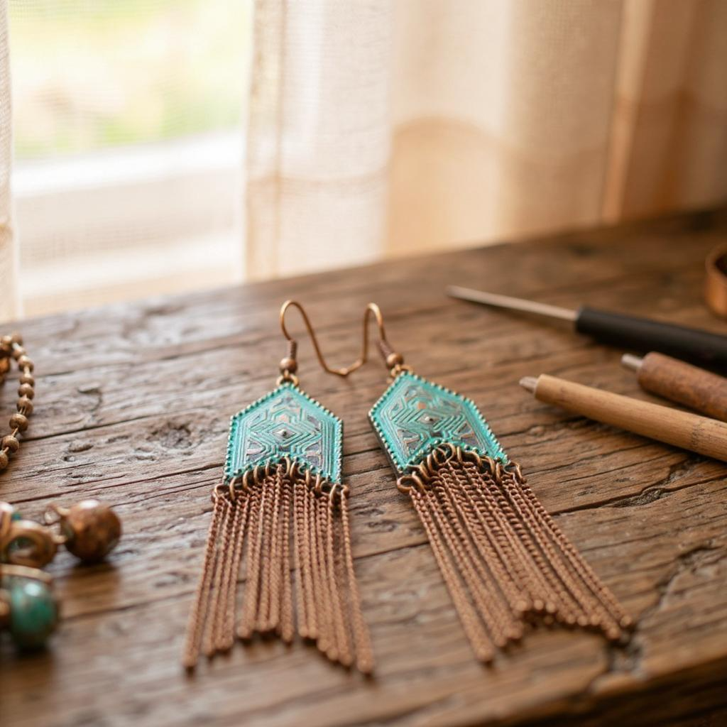 Turquoise and Bronze Metal Tassel Earrings